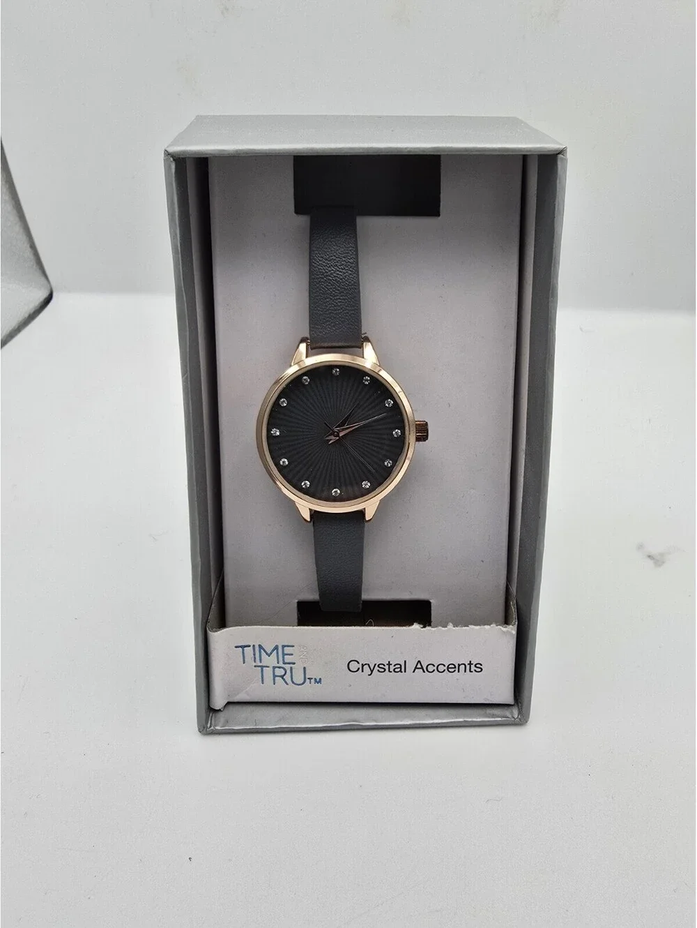 Time and Tru FMDOTT039 Ladies Crystal Accents Watch Rose Gold Tone Grey Strap
